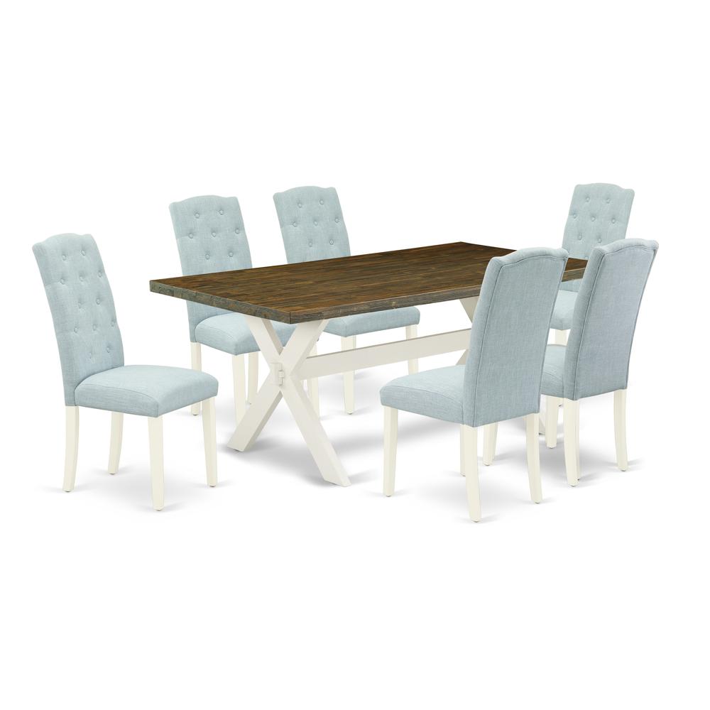 East West Furniture X077CE215-7 7-Pc Dining Table Set- 6 Dining Padded Chairs with Baby Blue Linen Fabric Seat and Button Tufted Chair Back - Rectangular Table Top & Wooden Cross Legs - Distressed Jac. Picture 1