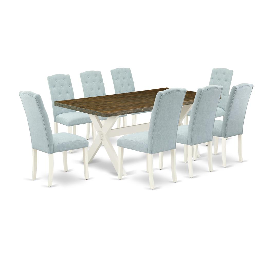 East West Furniture X077CE215-9 9-Piece Dinette Set- 8 Upholstered Dining Chairs with Baby Blue Linen Fabric Seat and Button Tufted Chair Back - Rectangular Table Top & Wooden Cross Legs - Distressed. Picture 1