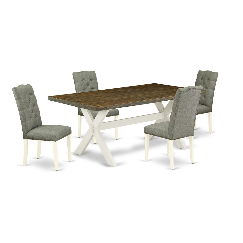 East West Furniture X077EL207-5 5-Piece Modern Dining Set- 4 Upholstered Dining Chairs with Smoke Linen Fabric Seat and Button Tufted Chair Back - Rectangular Table Top & Wooden Cross Legs - Distresse. Picture 1