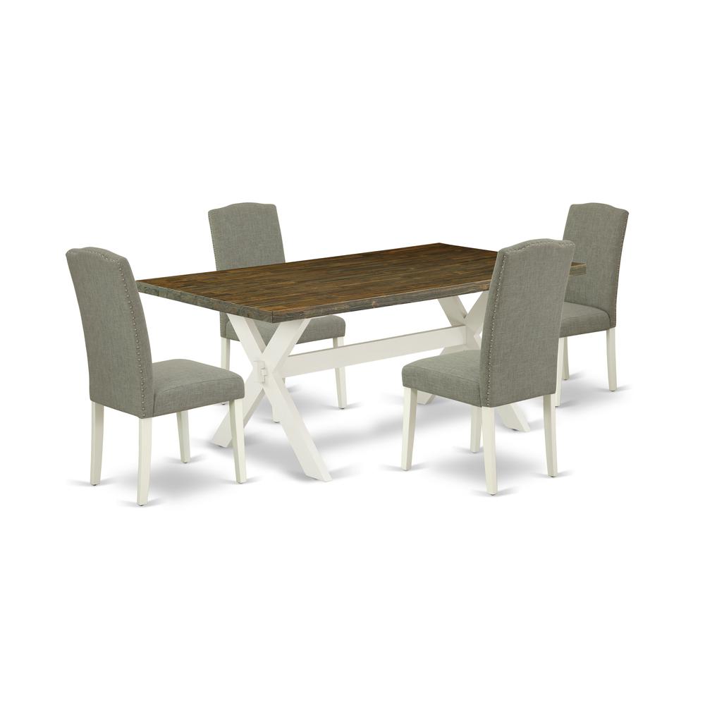 East West Furniture X077EN206-5 5-Piece Modern an Excellent Distressed Jacobean Wood Table Top and 4 Amazing Linen Fabric Kitchen Chairs with Nail Heads and Stylish Chair Back, Linen White Finish. Picture 1