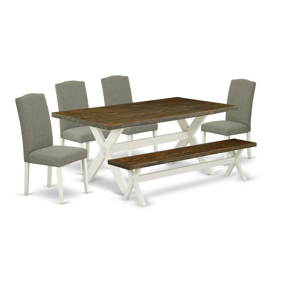 East West Furniture X077EN206-6 6-Piece Fashionable kitchen table set an Excellent Distressed Jacobean Color Kitchen Table Top and Distressed Jacobean Color Small Bench and 4 Beautiful Linen Fabric Pa. Picture 1