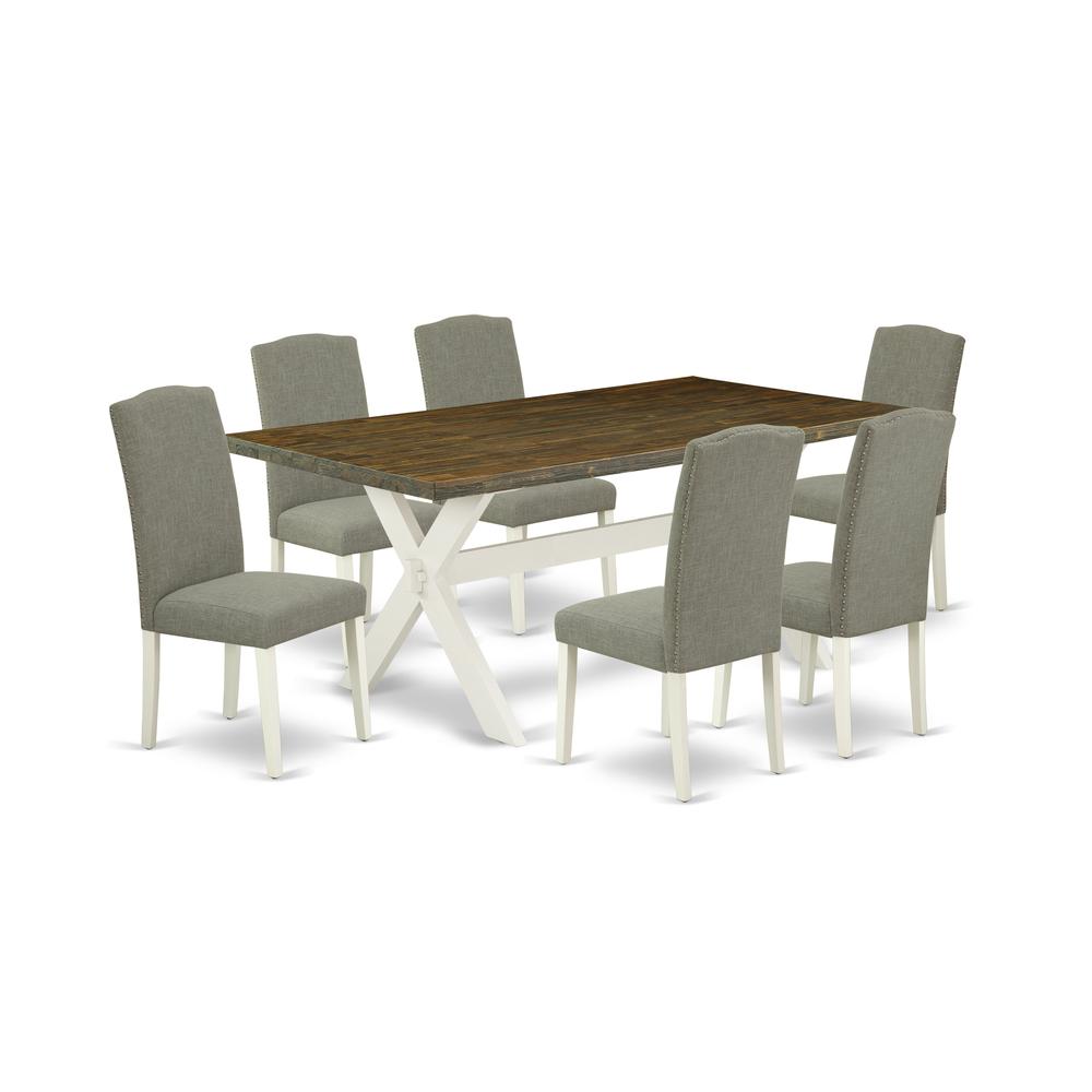 East West Furniture X077EN206-7 7-Piece Gorgeous Dining Table Set an Outstanding Distressed Jacobean rectangular Table Top and 6 Awesome Linen Fabric Parson Chairs with Nail Heads and Stylish Chair Ba. Picture 1