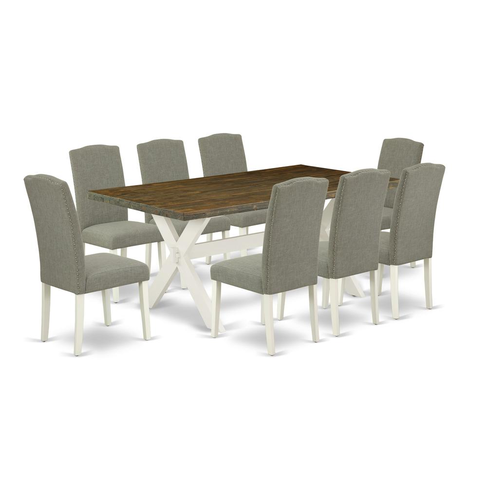 East West Furniture X077EN206-9 9-Piece Stylish Dinette Set a Superb Distressed Jacobean Rectangular Dining Table Top and 8 Excellent Linen Fabric Parson Chairs with Nail Heads and Stylish Chair Back,. Picture 1