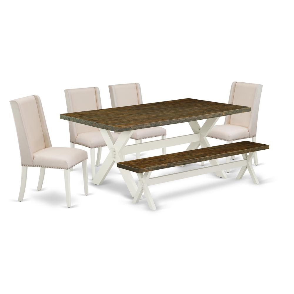 East West Furniture 6-Pc Dining Table Set-cream linen fabric Seat and High Stylish Chair Back Kitchen chairs, A Rectangular Bench and Rectangular Top dining table with Hardwood Legs - Distressed Jacob. Picture 1