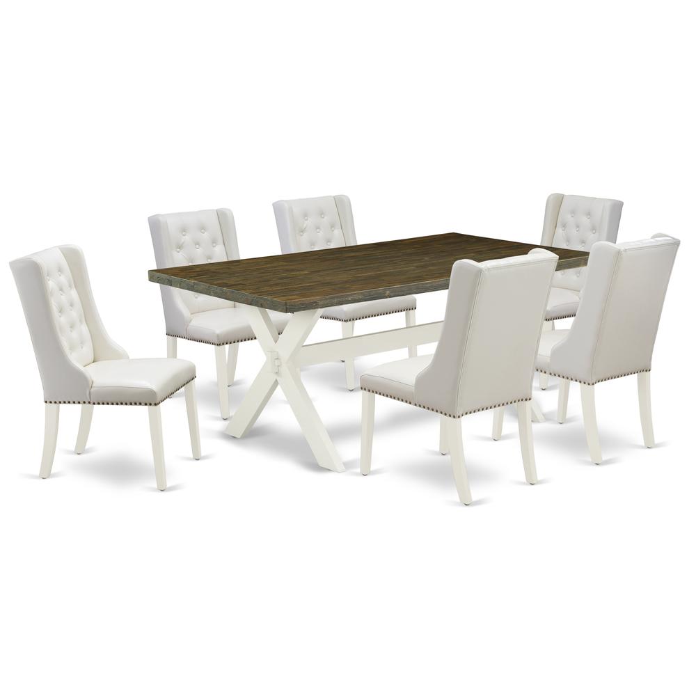 East West Furniture X077FO244-7 7-Pc Dining Table Set Includes 6 White Pu Leather Kitchen Chair Button Tufted with Nailheads and Wood Dining Table - Linen White Finish. Picture 1