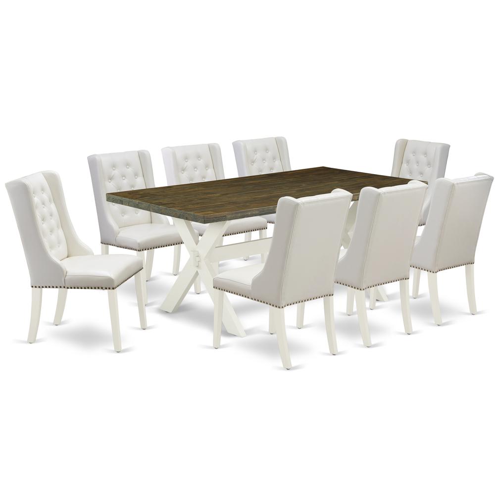 East West Furniture X077FO244-9 9-Pc Dining Room Set Contains 8 White Pu Leather Dining Room Chair Button Tufted with Nail heads and Rectangular Dining Table - Linen White Finish. Picture 1