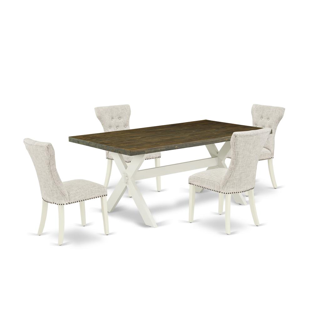 East West Furniture 5-Pc Dining Table Set- 4 Parson Dining Room Chairs with Doeskin Linen Fabric Seat and Button Tufted Chair Back - Rectangular Table Top & Wooden Cross Legs - Distressed Jacobean and. Picture 1
