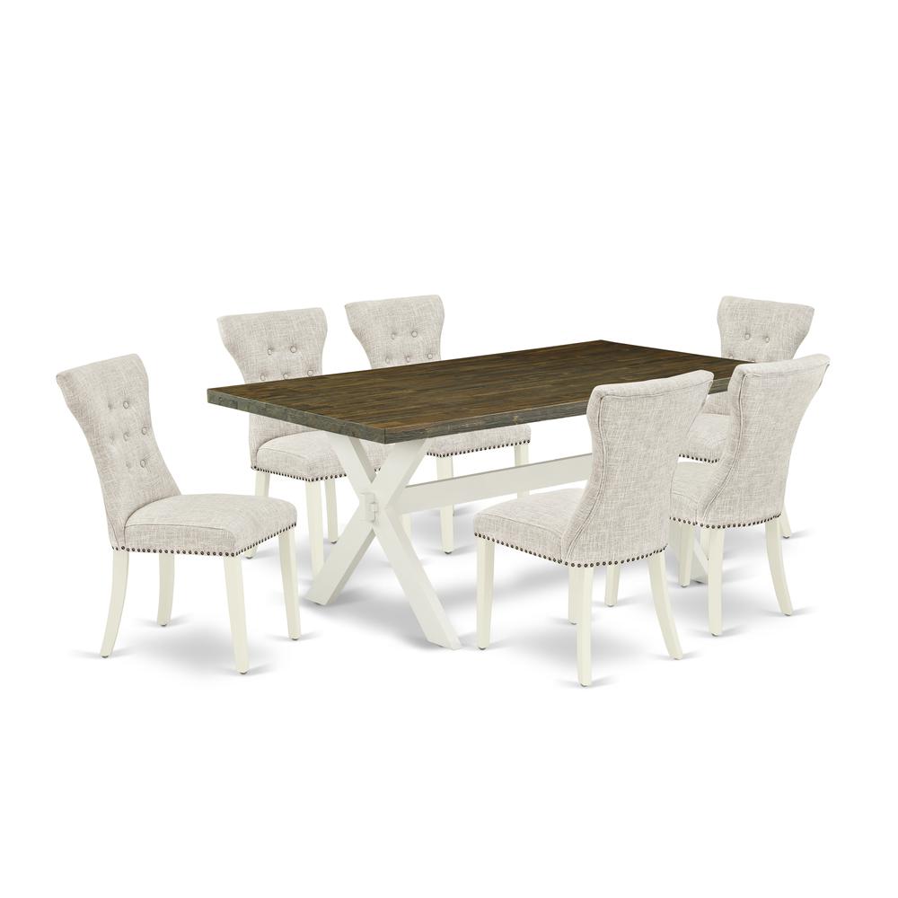 East West Furniture 7-Pc Dining Room Set- 6 Parson Dining Chairs with Doeskin Linen Fabric Seat and Button Tufted Chair Back - Rectangular Table Top & Wooden Cross Legs - Distressed Jacobean and Linen. Picture 1