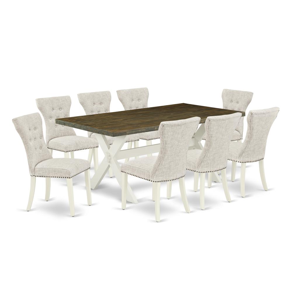 9-Piece Table Set a Linen White Table Top & 8 Linen Fabric Chairs