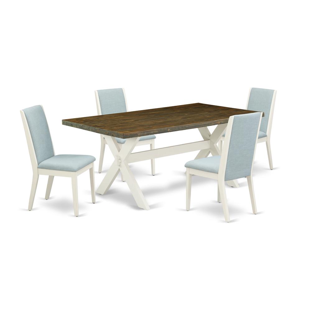 East West Furniture X077LA015-5 5Pc Dining Table set Offers a Dinette Table and 4 Upholstered Dining Chairs with Baby Blue Color Linen Fabric, Medium Size Table with Full Back Chairs, Wirebrushed Line. Picture 1