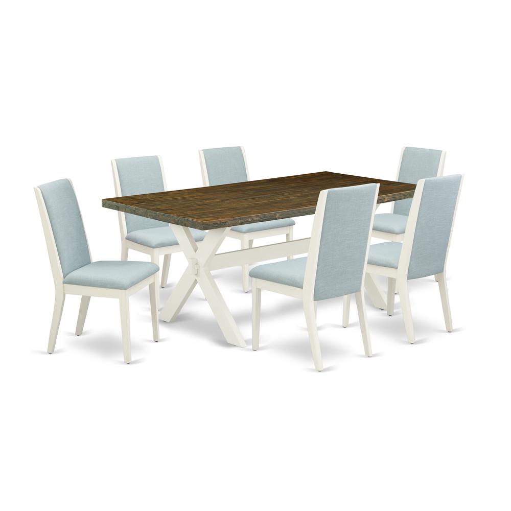 East West Furniture X077LA015-7 7Pc Dinette Set Includes a Dining Room Table and 6 Parson Dining Chairs with Baby Blue Color Linen Fabric, Medium Size Table with Full Back Chairs, Wirebrushed Linen Wh. Picture 1