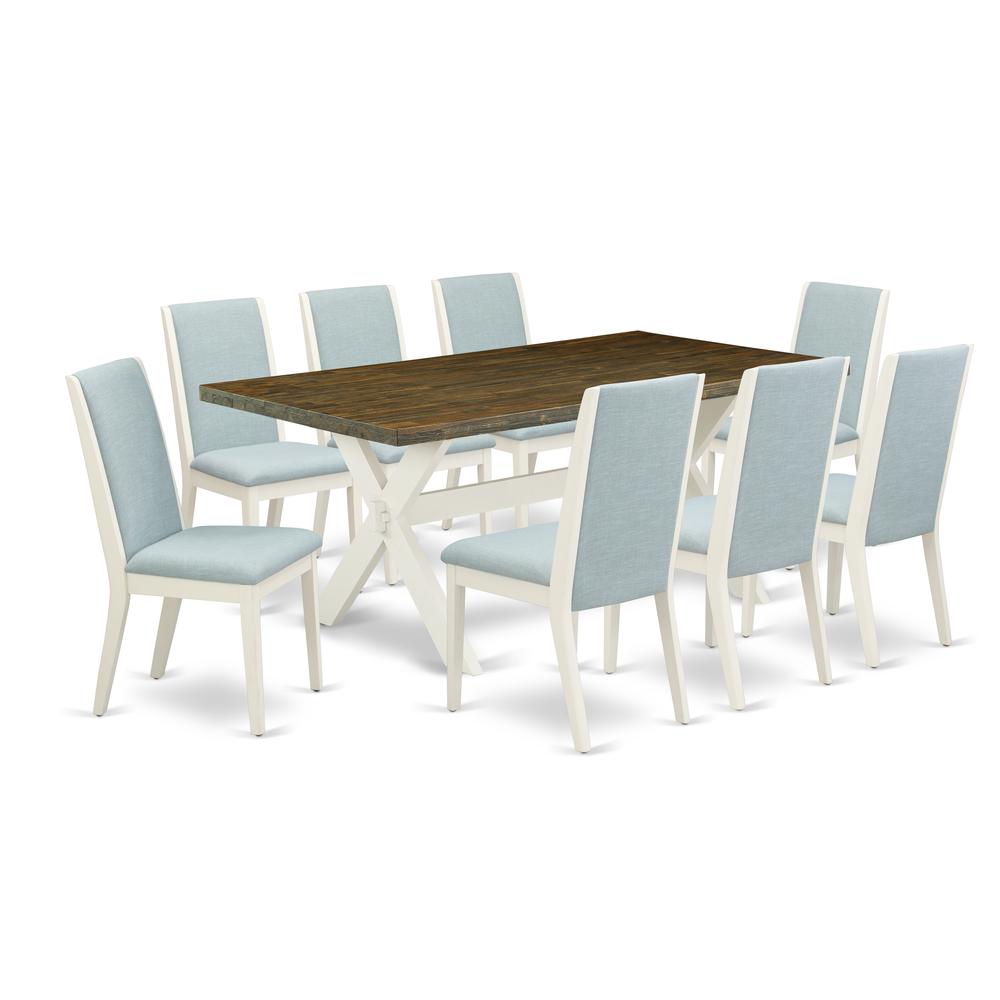East West Furniture X077LA015-9 9Pc Kitchen Table Set Offers a Wood Dining Table and 8 Parson Dining Chairs with Baby Blue Color Linen Fabric, Medium Size Table with Full Back Chairs, Wirebrushed Line. Picture 1