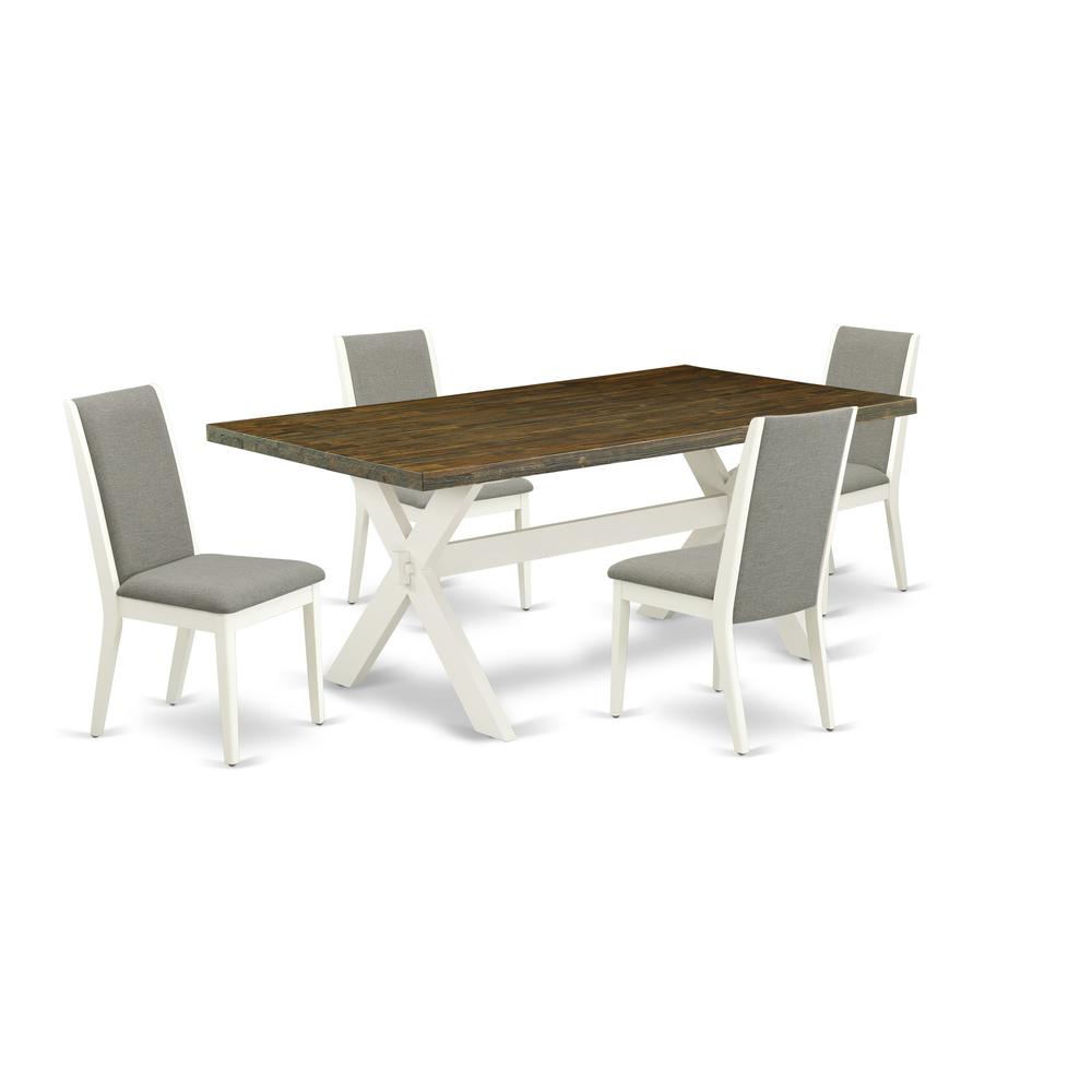 East West Furniture X077LA206-5 5-Piece Modern Dining Table Set an Outstanding Distressed Jacobean Wood Table Top and 4 Attractive Linen Fabric Kitchen Chairs with Stylish Chair Back, Linen White Fini. Picture 1