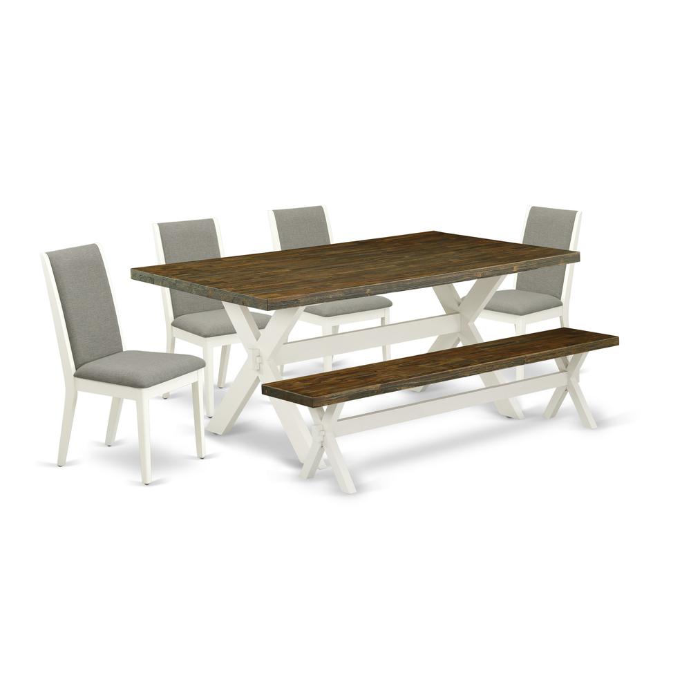 East West Furniture X077LA206-6 6-Piece Amazing Modern Dining Table Set a Great Distressed Jacobean Color Wood Dining Table Top and Distressed Jacobean Color Wooden Bench and 4 Beautiful Linen Fabric. Picture 1