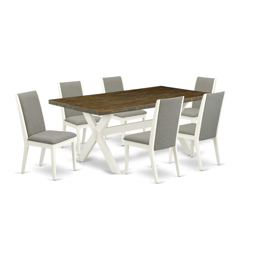 East West Furniture X077LA206-7 7-Piece Gorgeous Dinette Set a Superb Distressed Jacobean Dining Table Top and 6 Lovely Linen Fabric Padded Chairs with Stylish Chair Back, Linen White Finish. Picture 1