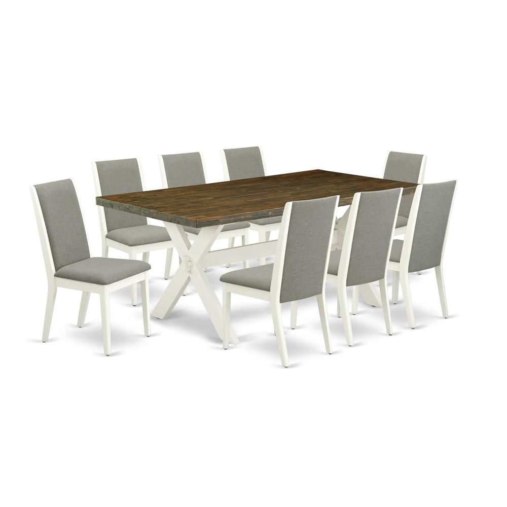 East West Furniture X077LA206-9 9-Piece Amazing Dining Set a Great Cement Color Dining Table Top and 8 Beautiful Linen Fabric Dining Chairs with Stylish Chair Back, Linen White Finish. Picture 1