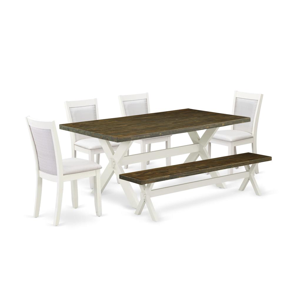 East West Furniture 6-Pc Kitchen Table Set Contains a Dining Table - 4 Cream Linen Fabric Dining Chairs with Stylish Back and a Small Bench - Wire Brushed Linen White Finish. Picture 2