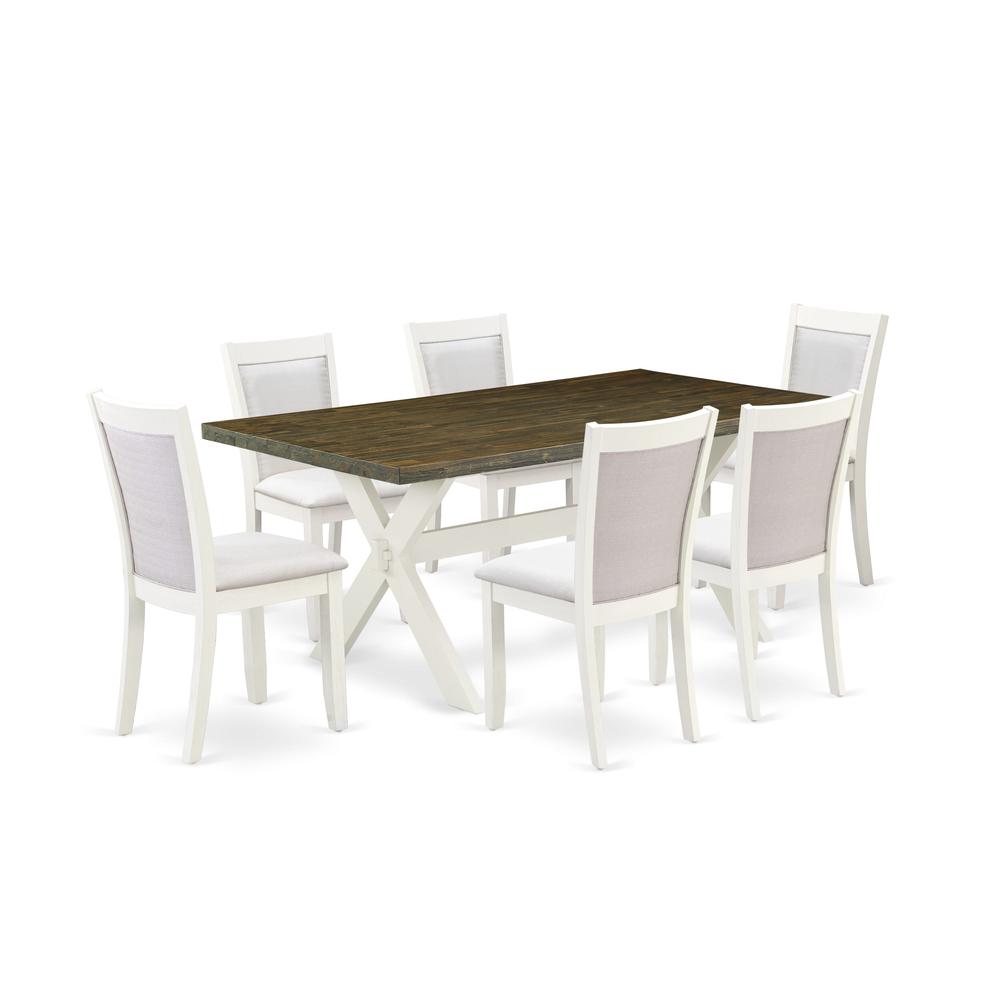 East West Furniture 7-Pc Dining Room Set Contains a Kitchen Table and 6 Cream Linen Fabric Parson Chairs with Stylish Back - Wire Brushed Linen White Finish. Picture 2