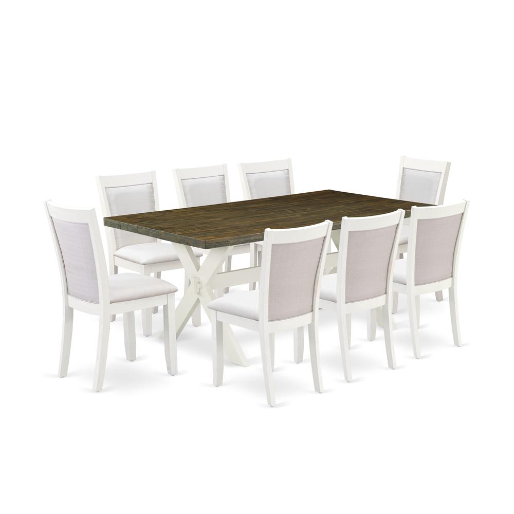 East West Furniture 9-Pc Modern Dining Set Contains a Dining Room Table and 8 Cream Linen Fabric Dinner Chairs with Stylish Back - Wire Brushed Linen White Finish. Picture 2