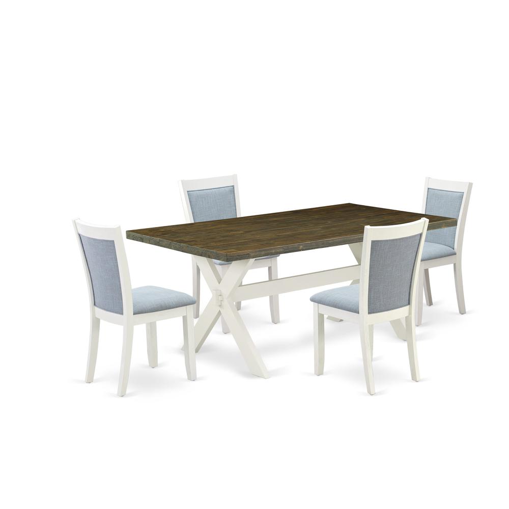 East West Furniture 5-Pc Dining Set Contains a Dining Table and 4 Baby Blue Linen Fabric Parson Chairs with Stylish Back - Wire Brushed Linen White Finish. Picture 2