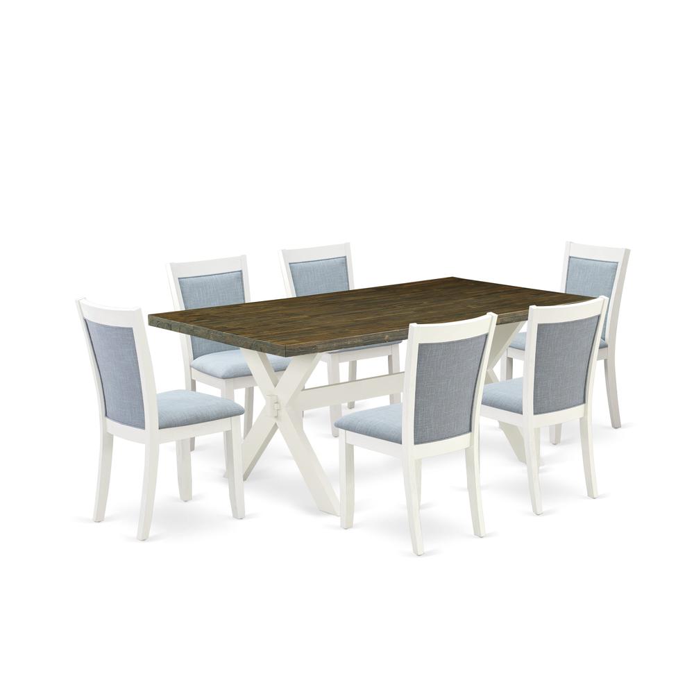 East West Furniture 7-Pc Modern Dining Table Set Contains a Mid Century Dining Table and 6 Baby Blue Linen Fabric Parson Chairs with Stylish Back - Wire Brushed Linen White Finish. Picture 2