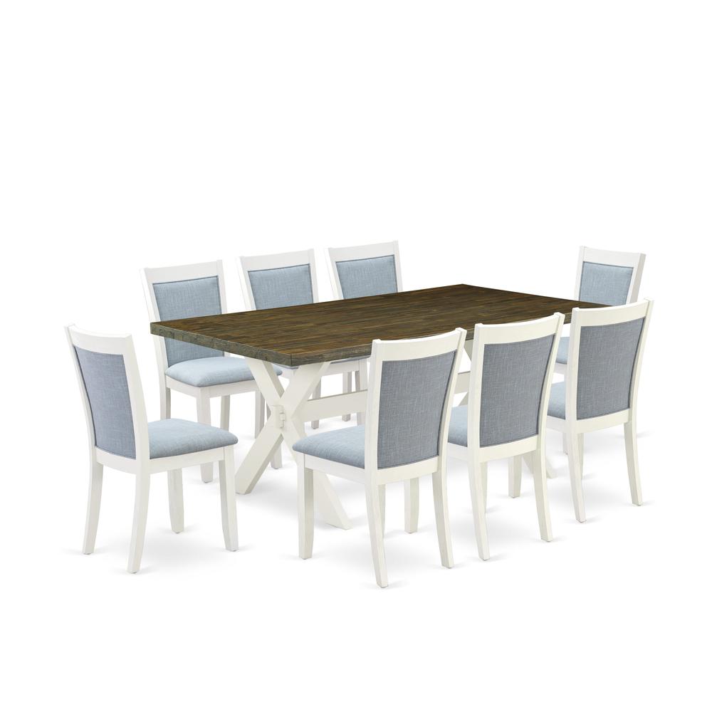East West Furniture 9-Pc Table Set Contains a Wooden Table and 8 Baby Blue Linen Fabric Dining Room Chairs with Stylish Back - Wire Brushed Linen White Finish. Picture 2