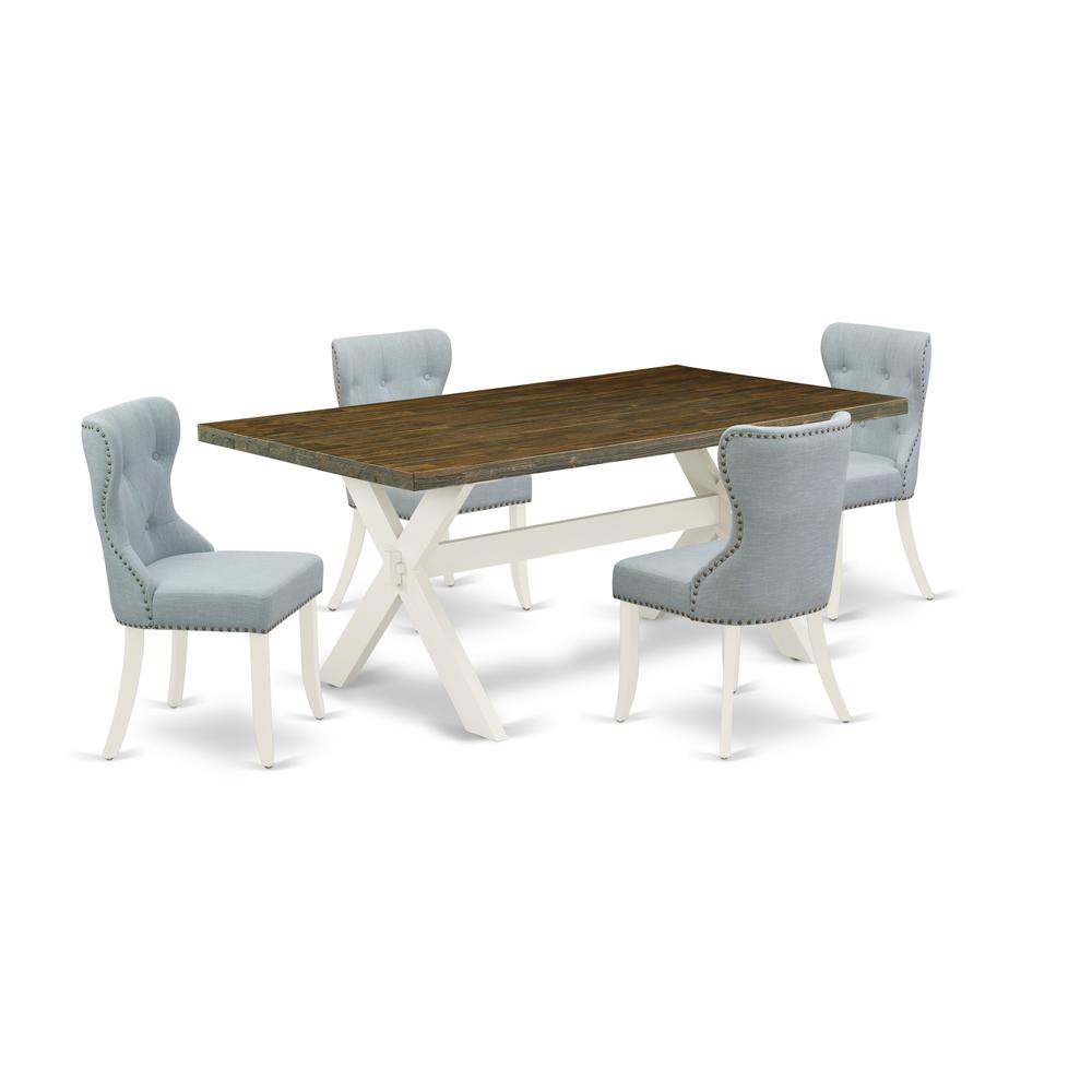 East West Furniture X077SI215-5 5-Piece Dining Table Set- 4 Padded Parson Chairs with Baby Blue Linen Fabric Seat and Button Tufted Chair Back - Rectangular Table Top & Wooden Cross Legs - Distressed. Picture 1