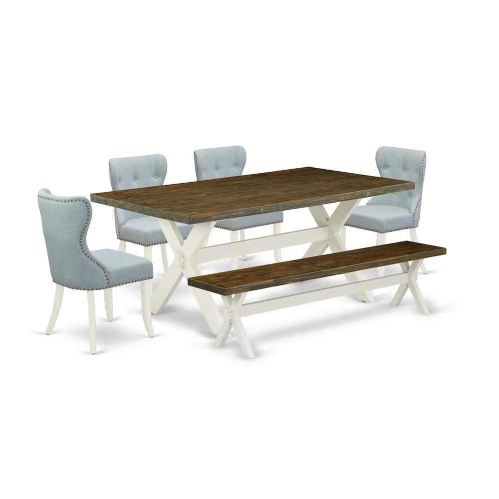 East West Furniture X077SI215-6 6-Pc Kitchen Dining Room Set- 4 Parson Dining Chairs with Baby Blue Linen Fabric Seat and Button Tufted Chair Back - Rectangular Top & Wooden Cross Legs Dining Table an. Picture 1