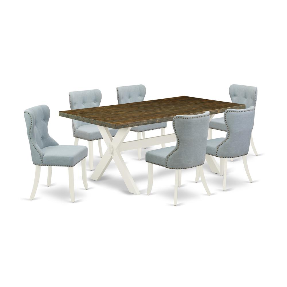 East West Furniture X077SI215-7 7-Pc Dining Room Set- 6 Parson Chairs with Baby Blue Linen Fabric Seat and Button Tufted Chair Back - Rectangular Table Top & Wooden Cross Legs - Distressed Jacobean an. Picture 1