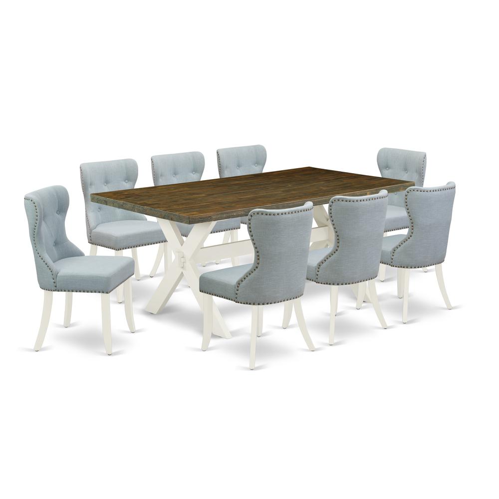 East West Furniture X077SI215-9 9-Pc Modern Dining Table Set- 8 Parson Dining Chairs with Baby Blue Linen Fabric Seat and Button Tufted Chair Back - Rectangular Table Top & Wooden Cross Legs - Distres. Picture 1