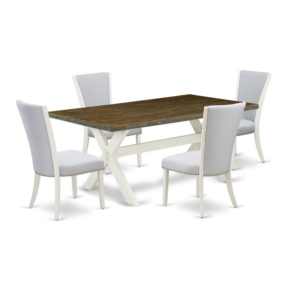 East West Furniture 5-Piece Kitchen Table Set Includes 4 Modern Chairs with Upholstered Seat and Stylish Back-Rectangular Kitchen Table - Distressed Jacobean and Wirebrushed Linen White Finish. Picture 1