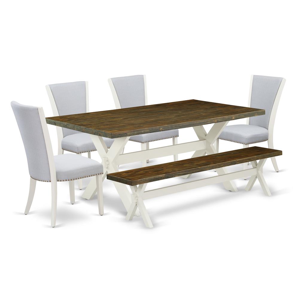 East West Furniture X077VE005-6 6 Piece Dining Set - Distressed Jacobean Dinner Table, 1 Wooden Bench and 4 Grey Linen Fabric Parson Dining Room Chairs with Nailheads - Wire Brushed Linen White Finish. Picture 1