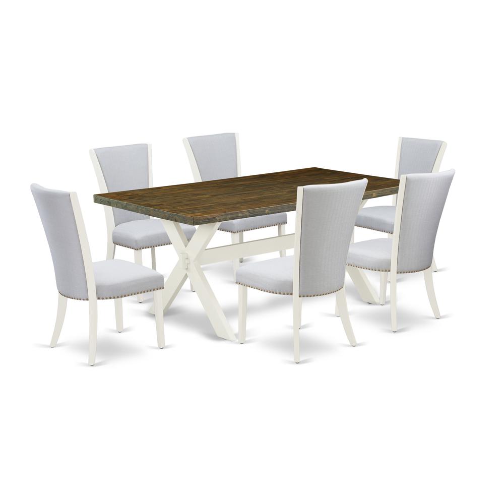 East West Furniture 7-Piece Dinette Set Includes 6 Mid Century Chairs with Upholstered Seat -Rectangular Rectangular Dining Table - Distressed Jacobean and Wirebrushed Linen White Finish. Picture 1