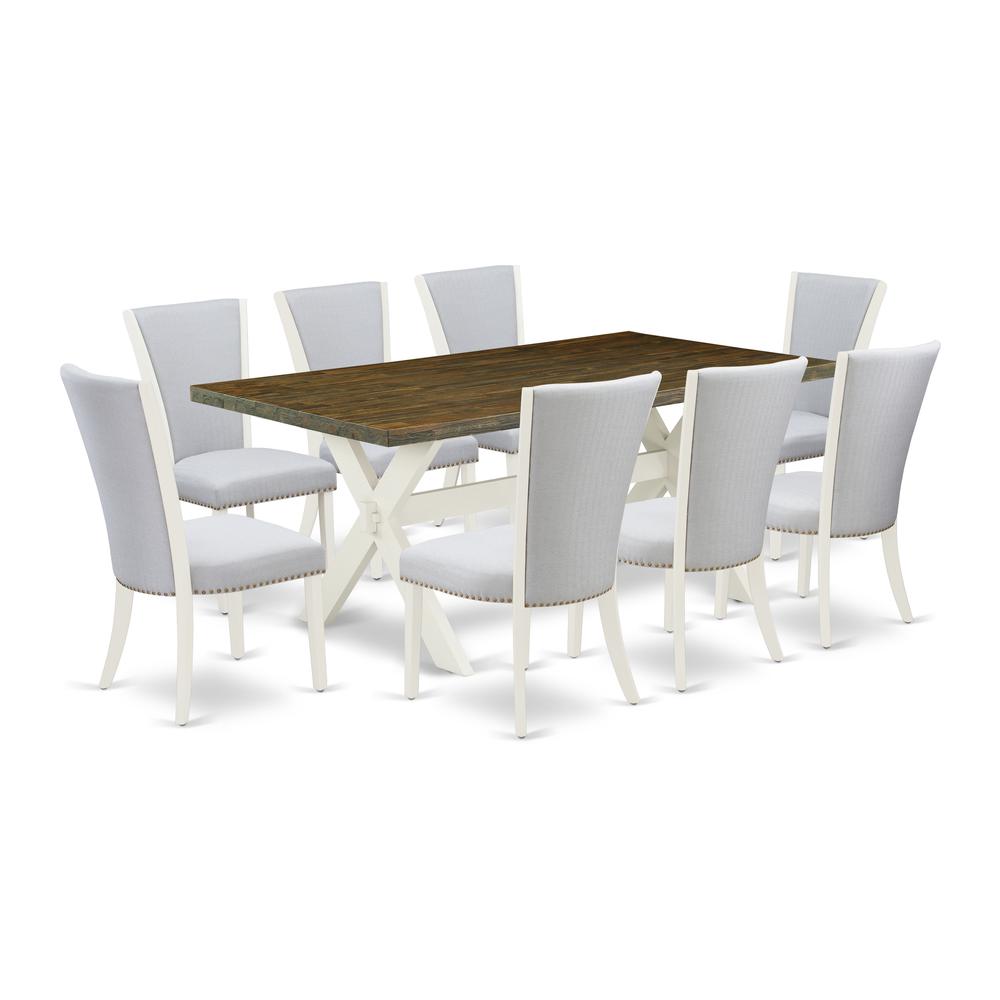 East West Furniture 9-Pc Dining Table Set Consists of 8 Dining Chairs with Upholstered Seat-Rectangular Rectangular Dining Table - Distressed Jacobean and Wirebrushed Linen White Finish. Picture 1