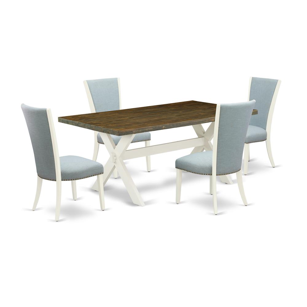 East West Furniture X077VE215-5 5 Piece Kitchen Table Set - 4 Baby Blue Linen Fabric Dinning Room Chairs with Nailheads and Distressed Jacobean Wooden Table - Linen White Finish. Picture 1