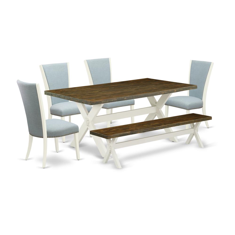 East West Furniture X077VE215-6 6 Piece Kitchen Table Set - 4 Baby Blue Linen Fabric Dining Chair with Nailheads and Distressed Jacobean Rectangular Table - 1 Dining Room Bench - Linen White Finish. Picture 1