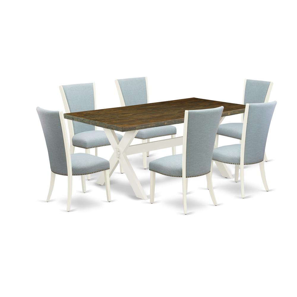 East West Furniture X077VE215-7 7 Piece Dining Room Set - 6 Baby Blue Linen Fabric Dining Room Chair with Nail Heads and Distressed Jacobean Dining Table - Linen White Finish. Picture 1