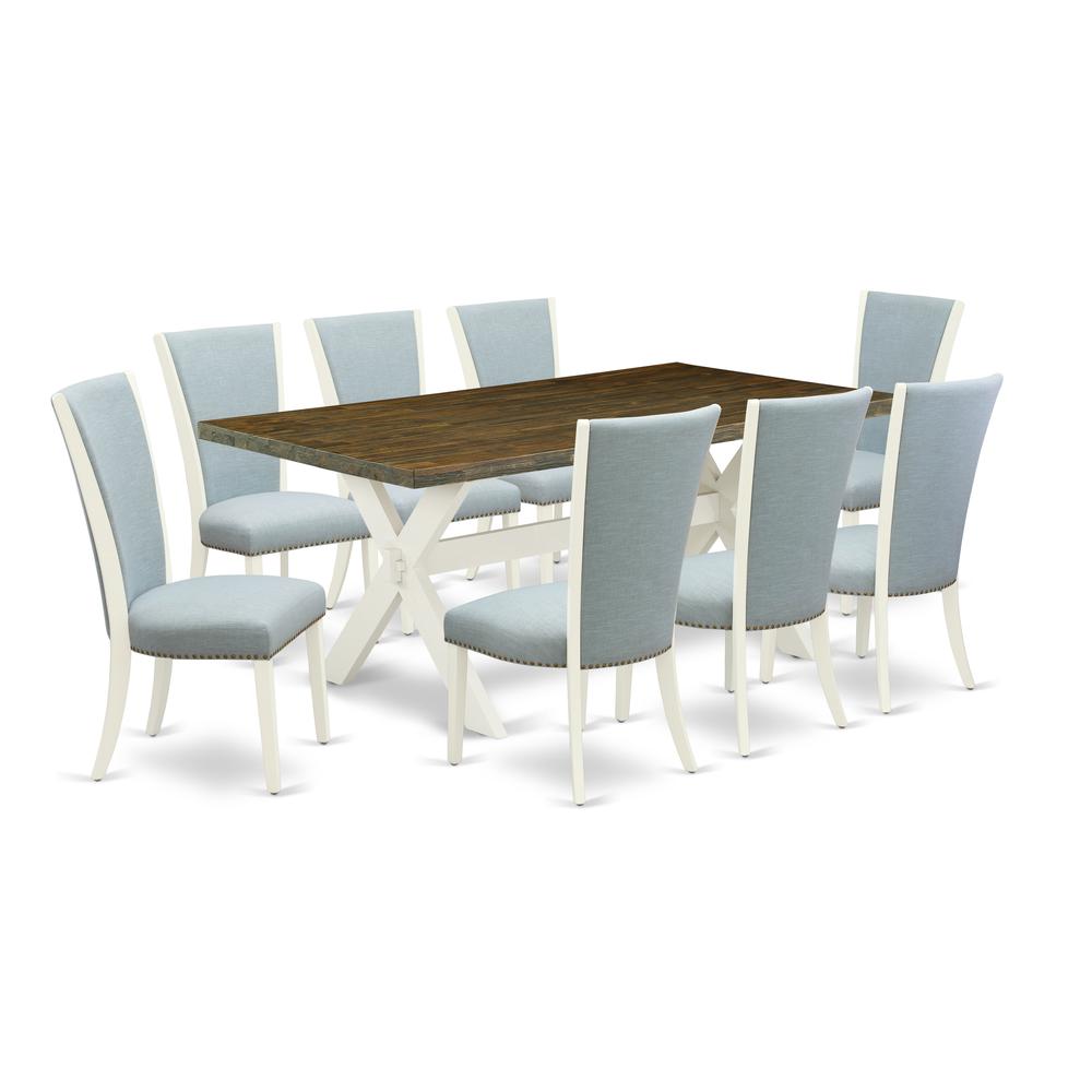 East West Furniture X077VE215-9 9 Piece Mid Century Dining Set - 8 Baby Blue Linen Fabric Upholstered Dining Chair with Nailheads and Distressed Jacobean Wood Dining Table - Linen White Finish. Picture 1