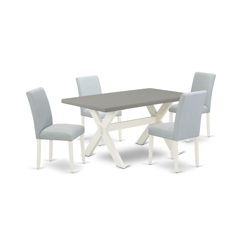 East West Furniture 5-Pc dining room table set Includes 4 Dining Chairs with Upholstered Seat and High Back and a Rectangular Dinner Table - Linen White Finish. Picture 1