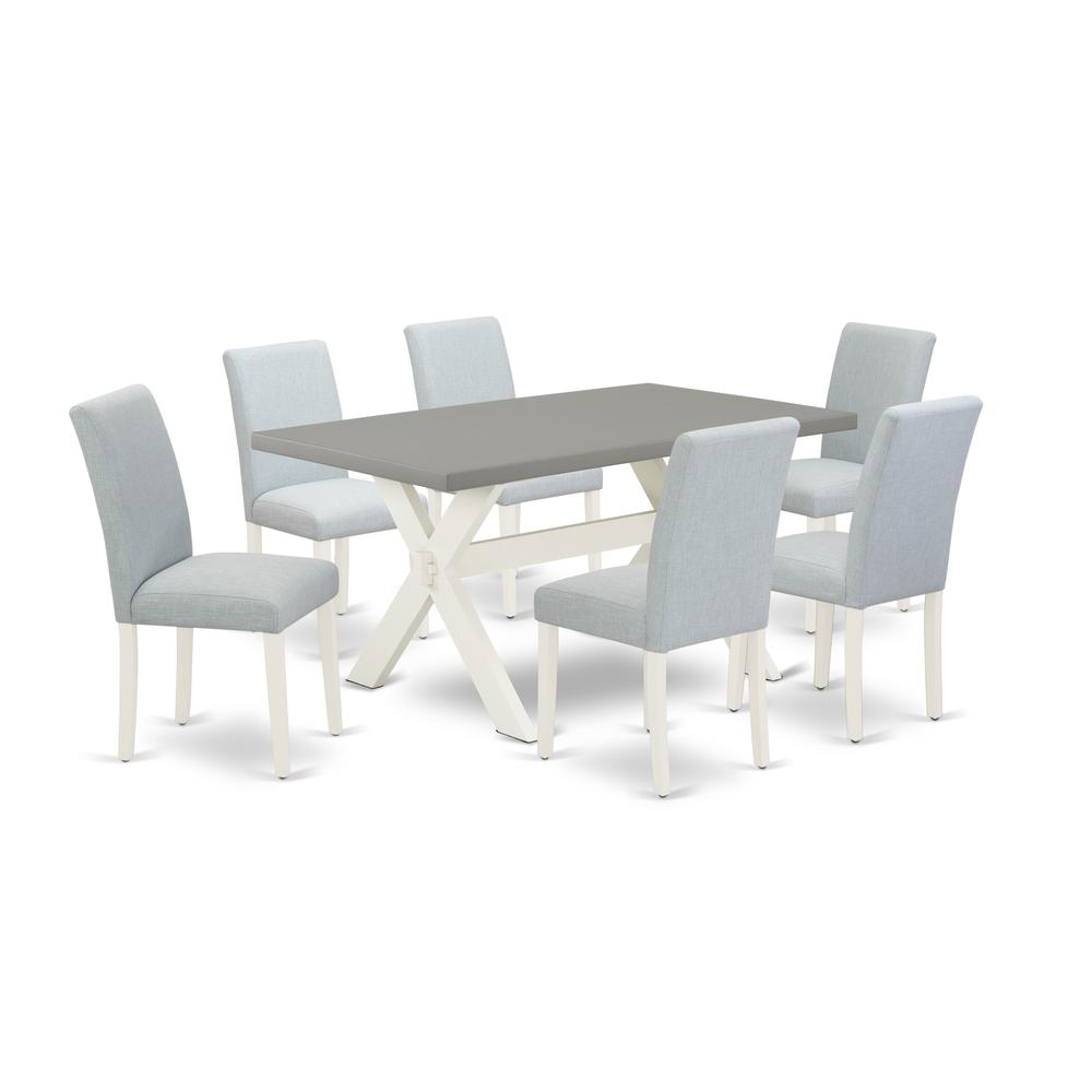 East West Furniture 7-Piece Dining Room Table Set Includes 6 Kitchen Chairs with Upholstered Seat and High Back and a Rectangular Kitchen Dining Table - Linen White Finish. Picture 1