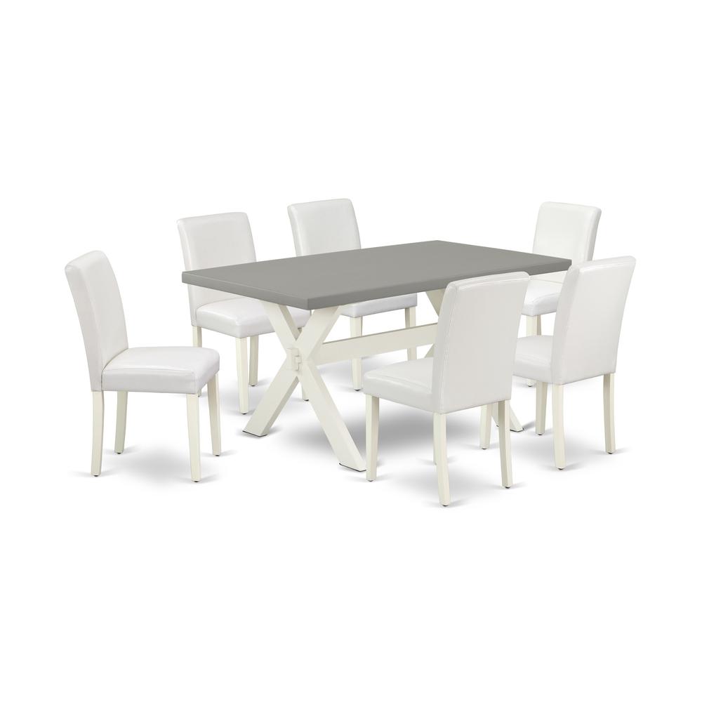 East West Furniture X096AB264-7 7-Piece Beautiful Rectangular Dining Room Table Set an Excellent Cement Color Kitchen Table Top and 6 Lovely Pu Leather Parson Chairs with Stylish Chair Back, Linen Whi. Picture 1