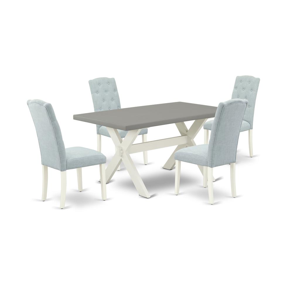 East West Furniture 5-Pc Dining Room Table Set- 4 Upholstered Dining Chairs with Baby Blue Linen Fabric Seat and Button Tufted Chair Back - Rectangular Table Top & Wooden Cross Legs - Cement and Linen. Picture 1