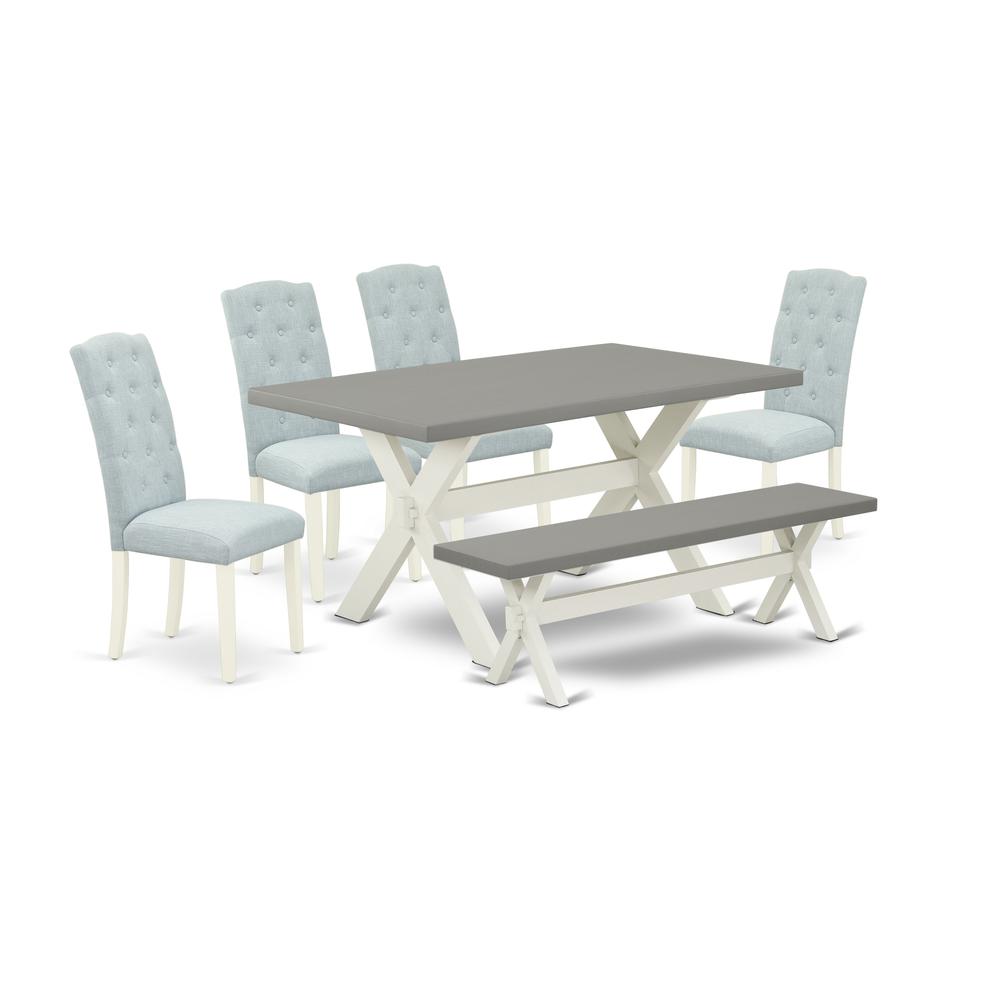 East West Furniture 6-Pc Kitchen Dining Room Set- 4 Dining Room Chairs with Baby Blue Linen Fabric Seat and Button Tufted Chair Back - Rectangular Top & Wooden Cross Legs Wood Kitchen Table and Indoor. Picture 1