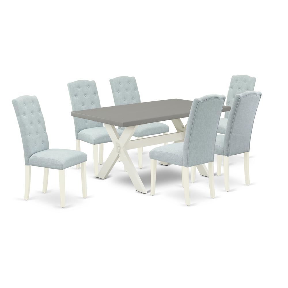 East West Furniture 7-Piece Modern Dining Set- 6 Upholstered Dining Chairs with Baby Blue Linen Fabric Seat and Button Tufted Chair Back - Rectangular Table Top & Wooden Cross Legs - Cement and Linen. Picture 1