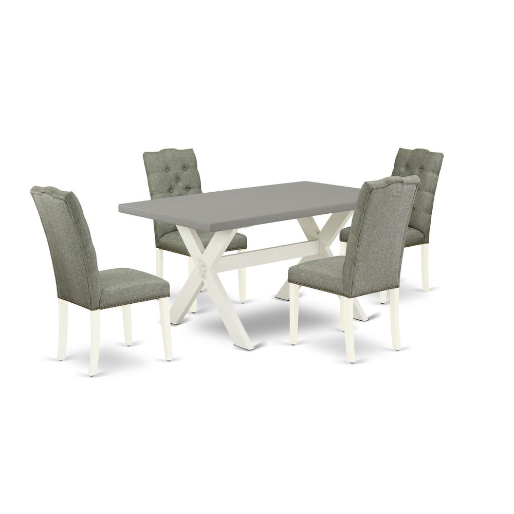 East West Furniture 5-Pc Modern Dining Table Set- 4 Parson Dining Chairs with Smoke Linen Fabric Seat and Button Tufted Chair Back - Rectangular Table Top & Wooden Cross Legs - Cement and Linen White. Picture 1