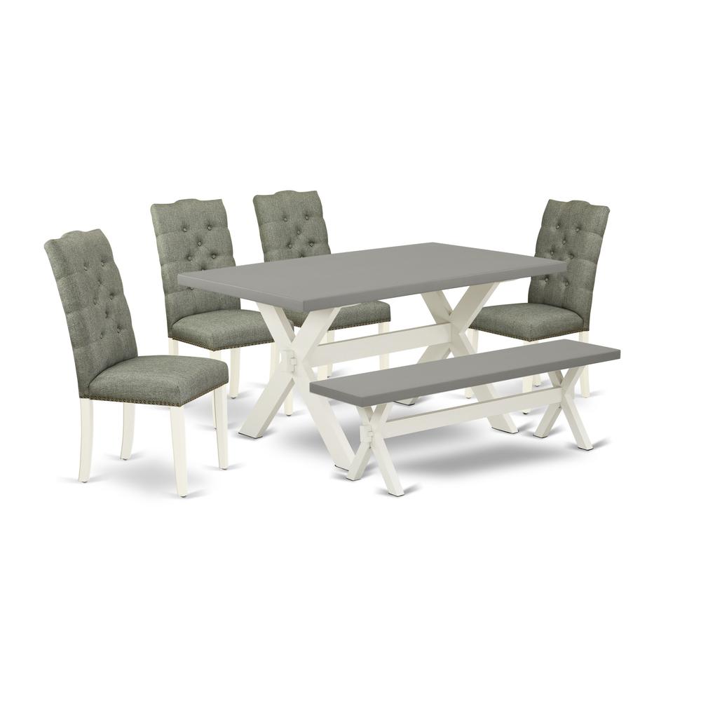 East West Furniture 6-Pc Dining Table Set- 4 Parson Chairs with Smoke Linen Fabric Seat and Button Tufted Chair Back - Rectangular Top & Wooden cross Legs Mid Century Dining Table and Small Bench - Ce. Picture 1