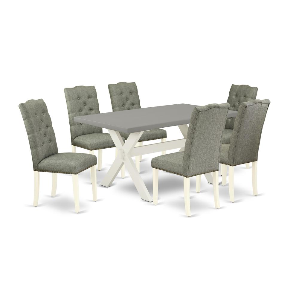 East West Furniture 7-Piece Modern Dining Set- 6 Upholstered Dining Chairs with Smoke Linen Fabric Seat and Button Tufted Chair Back - Rectangular Table Top & Wooden Cross Legs - Cement and Linen Whit. Picture 1