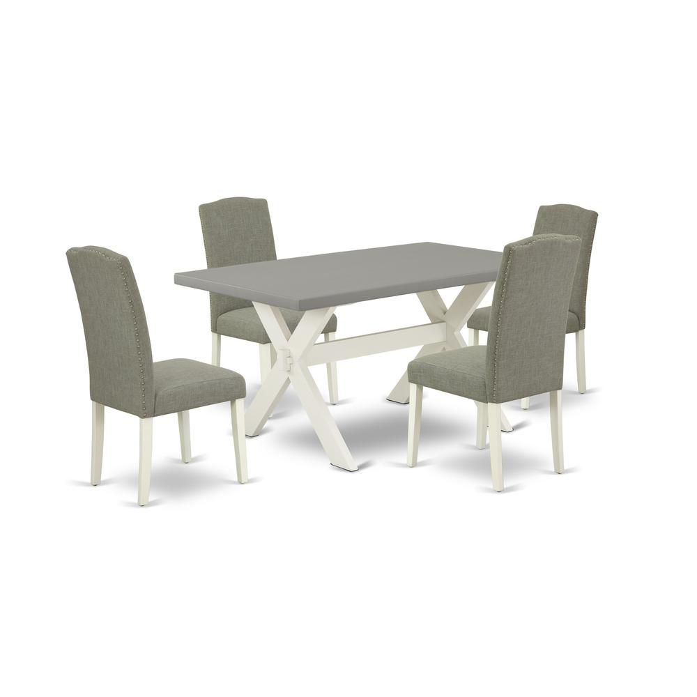 East West Furniture 5-Piece Modern Rectangular Table Set a Good Cement Color Kitchen Table Top and 4 Lovely Linen Fabric Padded Chairs with Nail Heads and Stylish Chair Back, Linen White Finish. Picture 1