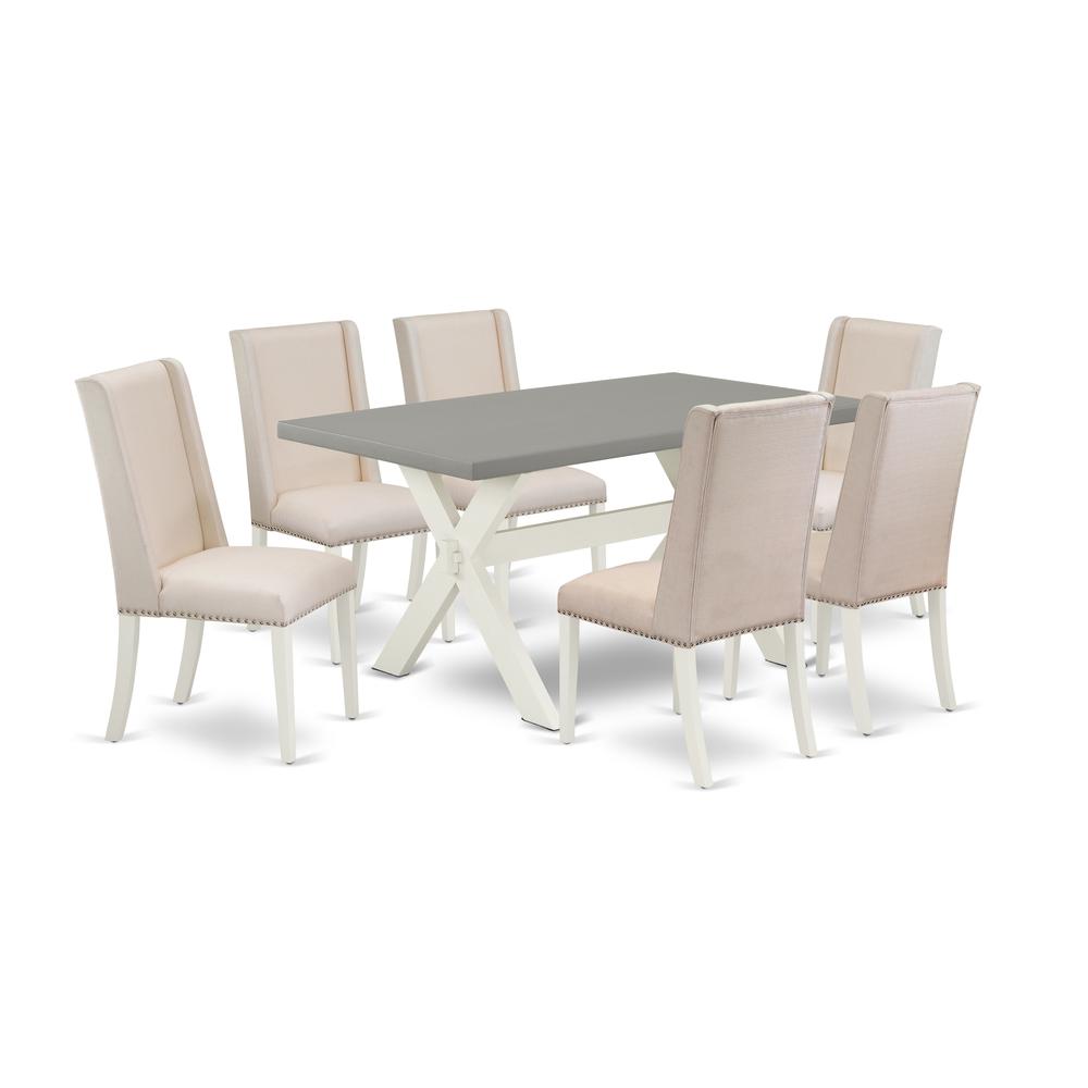East West Furniture X096FL201-7 7-Piece Awesome Rectangular Table Set a Superb Cement Color Dining Room Table Top and 6 Amazing Linen Fabric Dining Chairs with Nail Heads and Stylish Chair Back, Linen. Picture 1