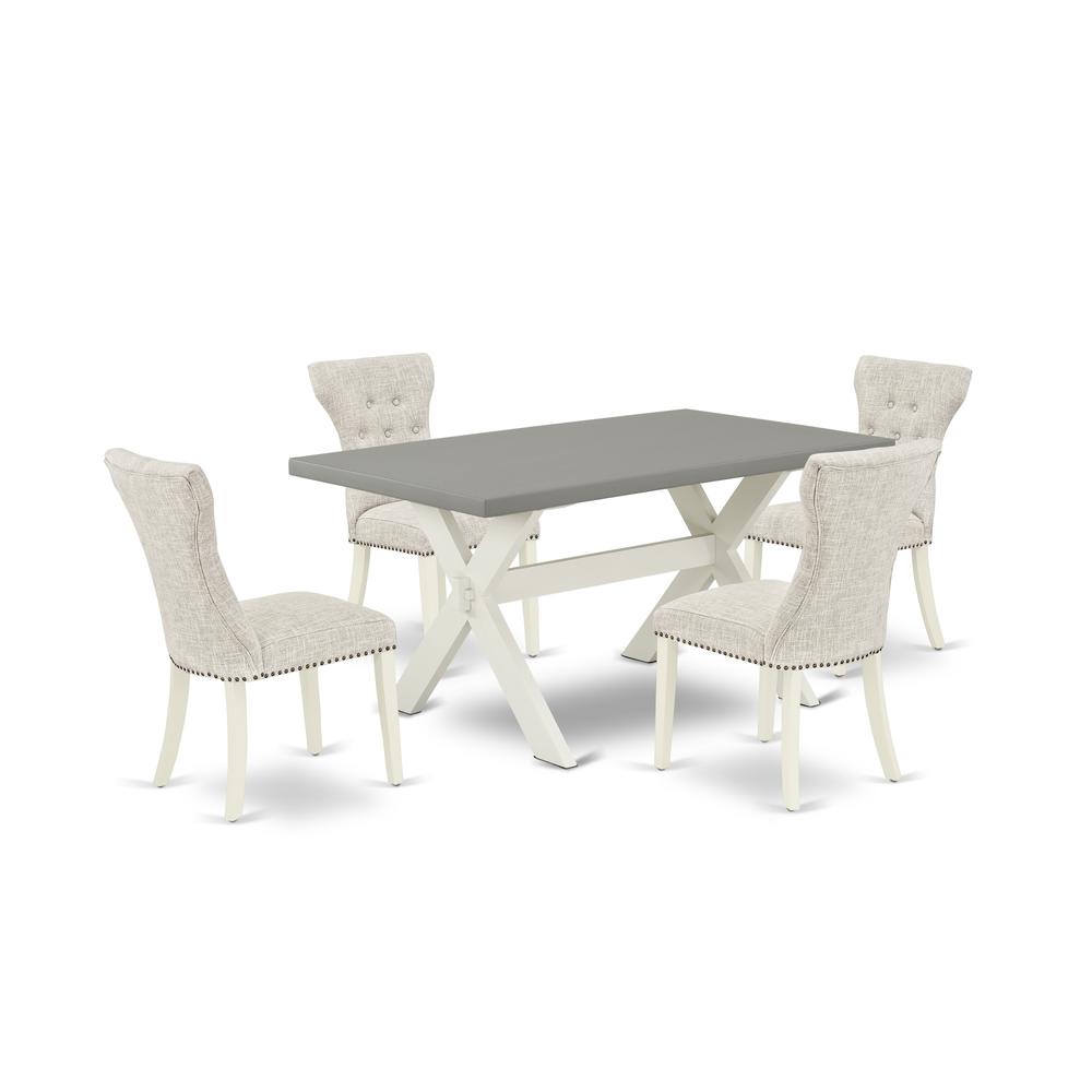 East West Furniture 5-Pc Dining Table Set- 4 Dining Padded Chairs with Doeskin Linen Fabric Seat and Button Tufted Chair Back - Rectangular Table Top & Wooden Cross Legs - Cement and Linen White Finis. Picture 1